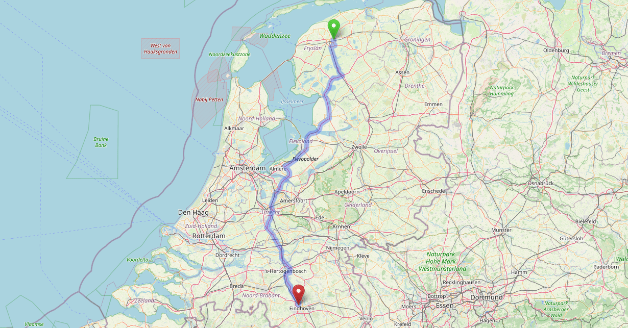 Busreis naar Eindhoven 242 kilometer; image source: Openstreetmap.org